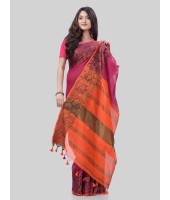 DESH BIDESH Women`s Tant Cotton Silk Handloom Cotton Saree Pushpomala With Blouse Piece(Pink Orange)